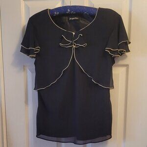 Jacques Vert from London - Vintage Navy Silk Blouse with Gold Trim